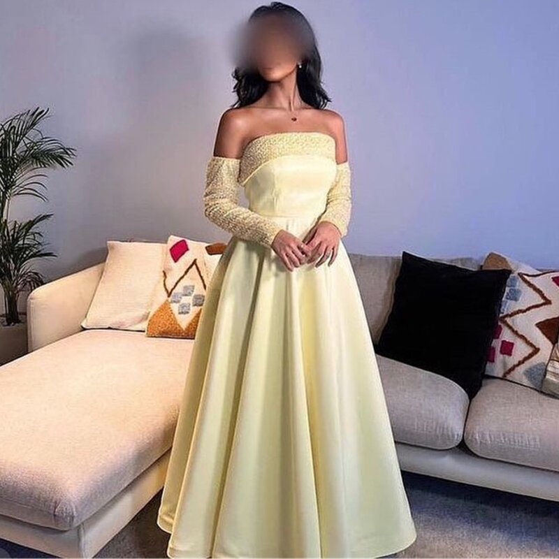 Oisslec Prom Dresses with Slit Elegant Strapless Mermaid Party Dress Floor Length Long Sleeve Sequin Taffeta Formal Evening Gown