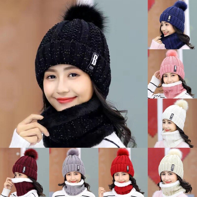 Conjunto de cachecol quente de malha feminina, Bonés de chapéu, Windproof, Multi-Funcional, Roupa, Fato, Outono, Inverno, Nova Moda
