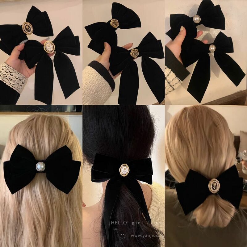 Pince à cheveux en velours noir pour femme, style rétro français, petit parfum, nœud arrière de la tête, cuillère, printemps, vêtements de sauna