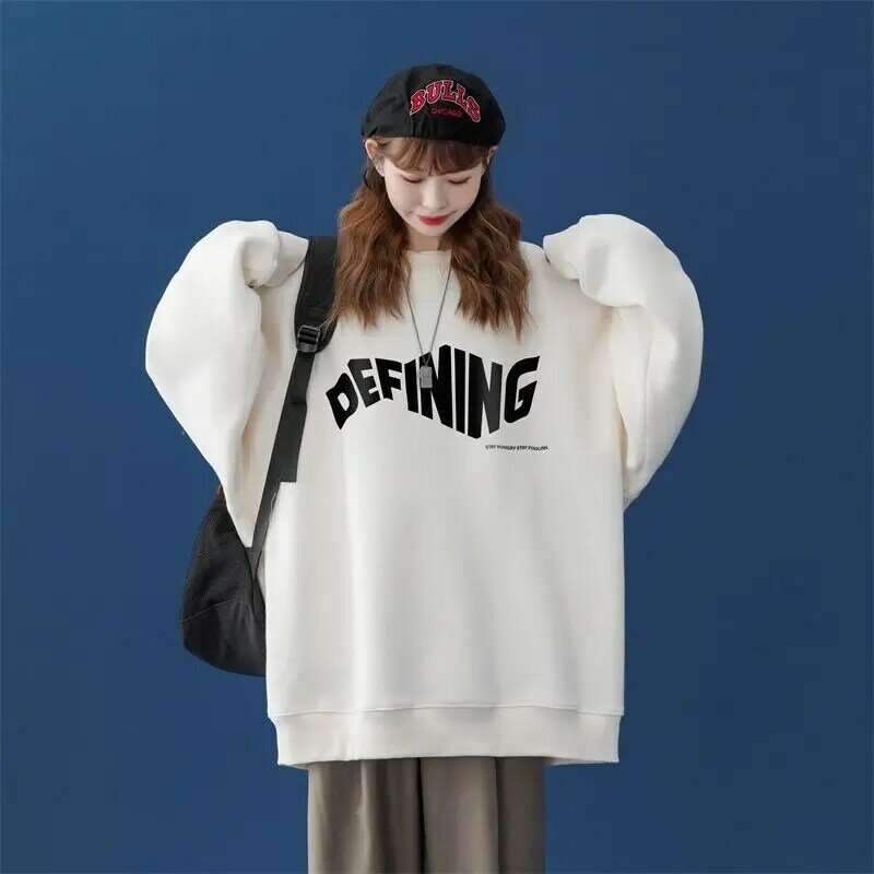 프린트 레터 루즈핏 캐주얼 스웻셔츠, 오버사이즈 올매치 상의, 한국 스웻셔츠, 여성 의류, 2023 가을 겨울 패션