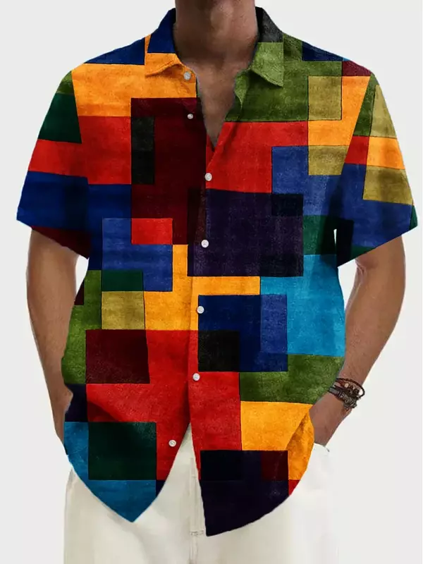 Camisa hawaiana de manga corta para hombre, camisa informal con solapa, estampado artístico de bloqueo de Color, estilo de moda Hawaiana de verano, nueva