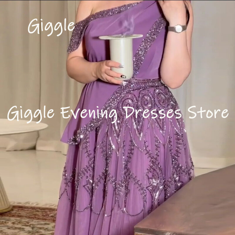 Giggle Chiffon A-line One-shoulder Sequins Ruffle Formal Prom Gown Floor-length Evening Elegant Party Dresses for Women 2023