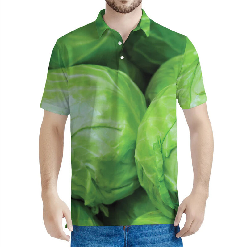 Kemeja Polo pola kubis untuk pria, kaus sayuran bercetak 3D kasual ukuran besar berkancing Lapel musim panas
