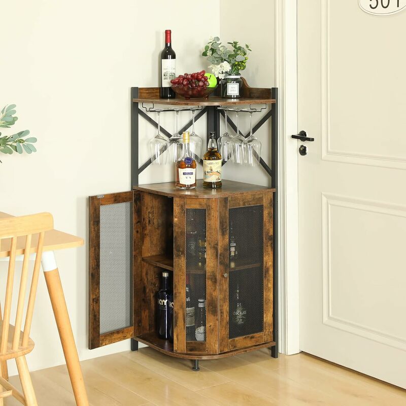 Gabinete de barra de esquina con soporte de vidrio, gabinete de vino Industrial con puerta de malla, gabinete de barra de licor con estante ajustable