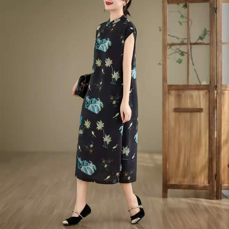 Abito con fibbia in lino di seta 2024 estate nuovo stile cinese migliorato senza maniche di media lunghezza stampato Cheongsam Retro Vest Dress K963