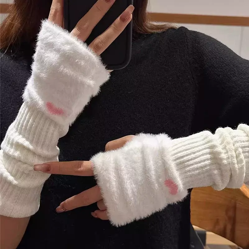 Velo feminino tricotado longo braço quente luvas sem dedos, luvas monocromáticas, macio meio dedo, luva de pelúcia quente, mangas, inverno, Y2K