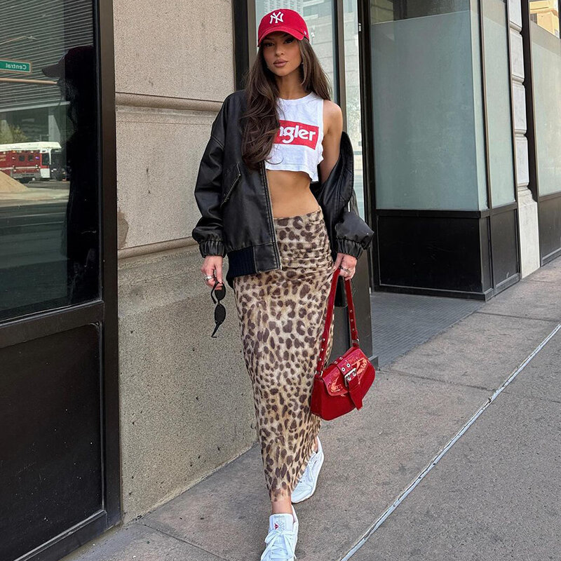 Baru dalam rok macan tutul wanita tinggi pinggang Mesh rok panjang musim panas seksi pantai rok Maxi Streetwear