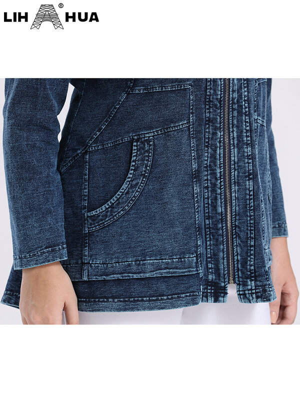 LIH HUA Damen Plus Size Jeansjacke mit Kapuze Herbst Strick Stretch Baumwolle Reißverschluss Langarm Lässige Modejacke