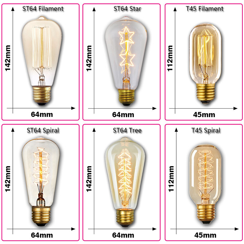 Retro Edison Lâmpada E27 220 V 40 W ST64 A19 A60 G80 G95 T10 T45 T185 Filamento Incandescente Ampola lâmpadas Edison Lâmpada Do Vintage