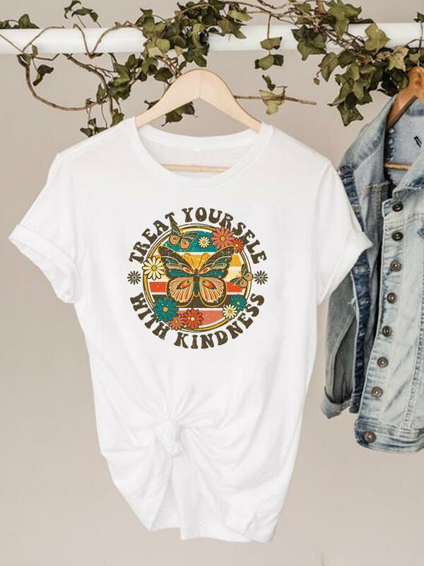 Camiseta con estampado de mariposa y girasol para mujer, Top de manga corta, ropa básica, camiseta gráfica de moda