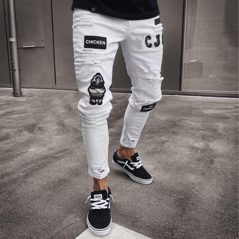Europejskie i amerykańskie męskie porwane jeansy Y2K osobowości Trend Slim kolan podarte orzeszki z zamkiem błyskawicznym patchworkowe spodnie jeansowe