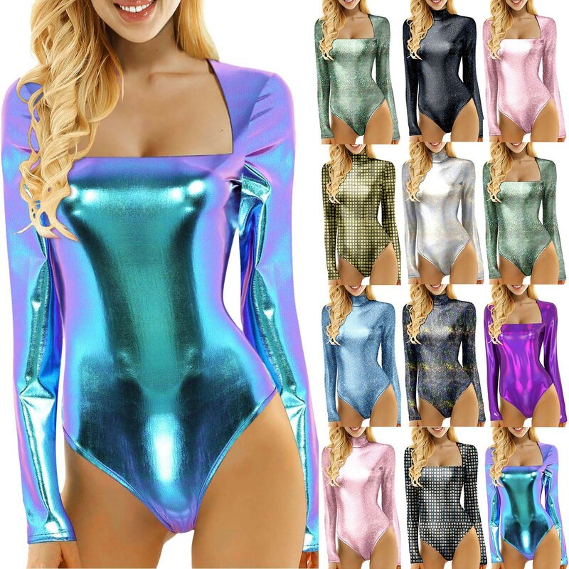 Women Carnival Jumpsuits Shiny Laser Metallic PVC Leather Square Neck Long Sleeve for stage club costumes woman Leotard Bodysuit