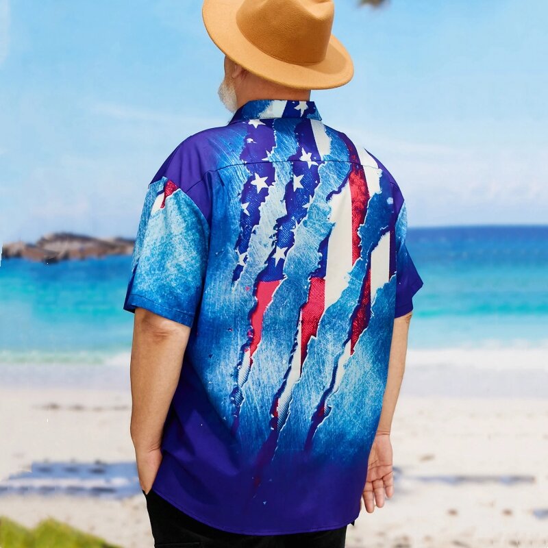 男性用のレトロな半袖Tシャツ,3Dアメリカ国旗のプリントが施されたカジュアルなハワイアンTシャツ,特大のゆったりとした男性の服,新しい夏のコレクション