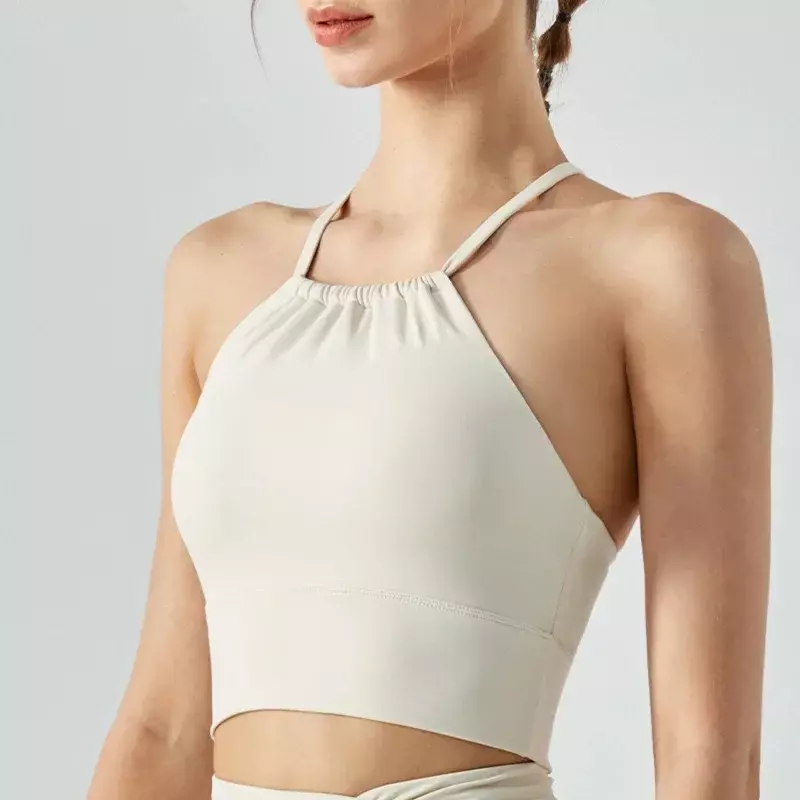 Lingerie gerakan lipat wanita, baju rompi Yoga dengan bantalan dada dengan kerah depan untuk Fitness gantung leher