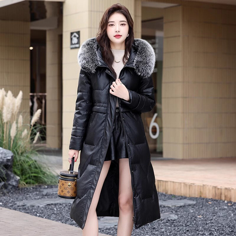 New Women Winter Hooded Leather Down Coat Fashion Warm Real Fox Fur Collar Drawstring Slim Sheepskin Down Overcoat Split Leather