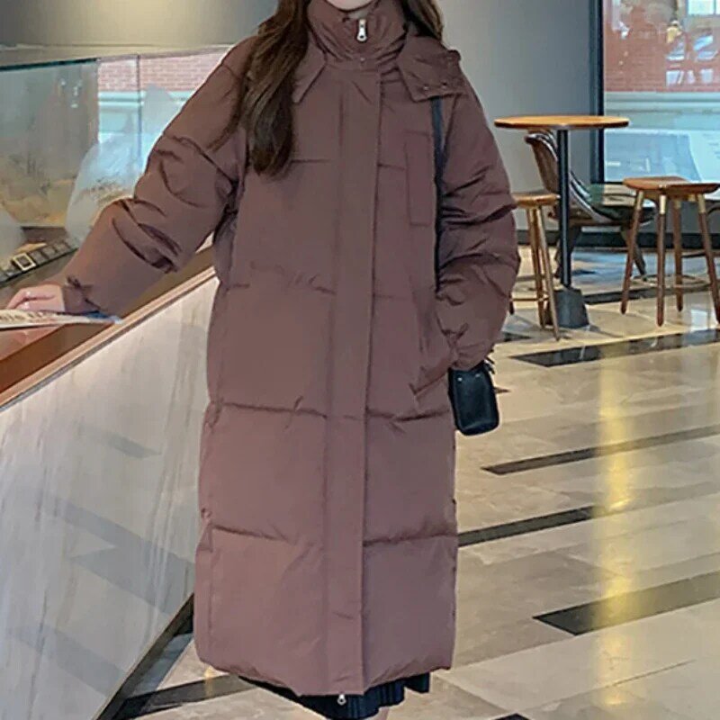 New Women Autumn Winter Button Pocket Casual Down Coat Thicken Cotton Warm Hooded Long Coat Long Sleeve Parkas Office Coat
