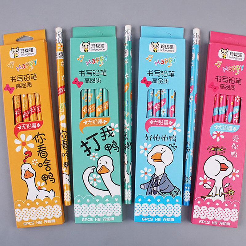 6 buah/boks pensil Kawaii Korea suplai alat tulis pena HB kartun lucu dengan hadiah pola bebek untuk anak-anak