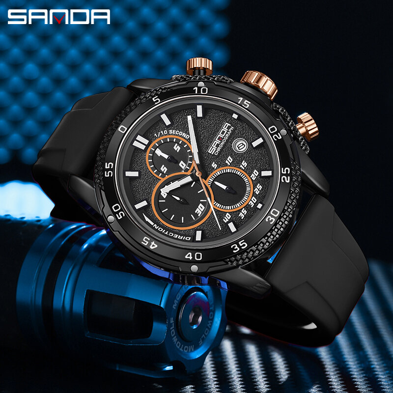 SANDA-Orange Sport Relógios para Homens, Cronógrafo Luminoso, Quartz Wristwatch, Auto Date, Silicone Strap, Impermeável, Moda, 5314