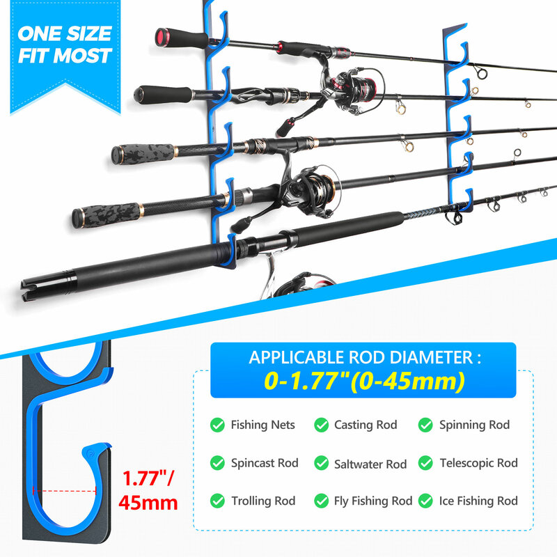 PLUSINNO H5 Fishing Rod Holder Horizontal Wall or Ceiling Mounted Fishing Rod Support Rack for Freshwater and Saltwater Rods