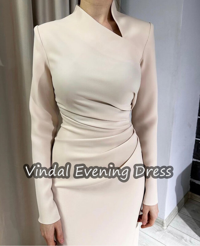 Vindal Ruffle V-neck Floor Length Mermaid Evening Dress Crepe Elegant Built-in Bra Saudi Arabia Long Sleeves For Woman 2024