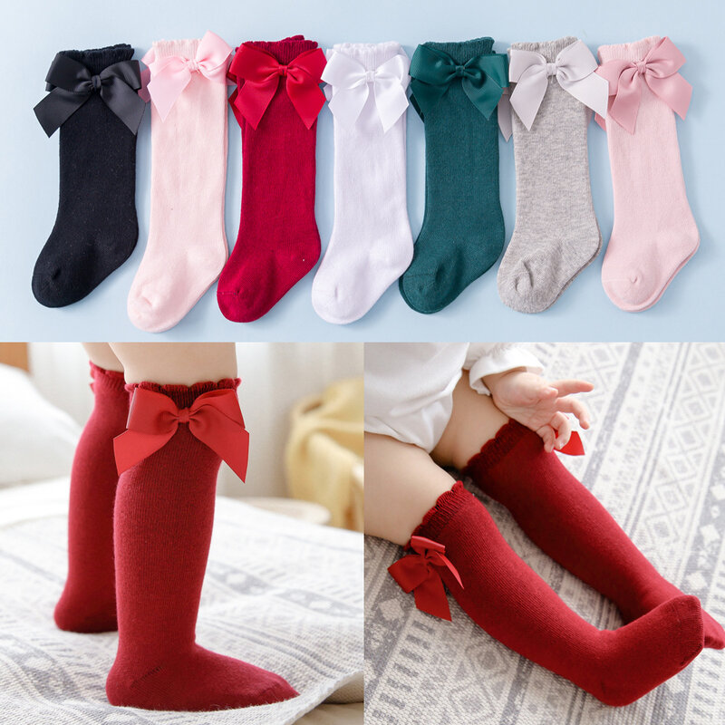 Однотонные носки с бантом для девочек, детские носки из 100% хлопка, мягкие длинные носки для малышей, детские гольфы до колена для принцессы