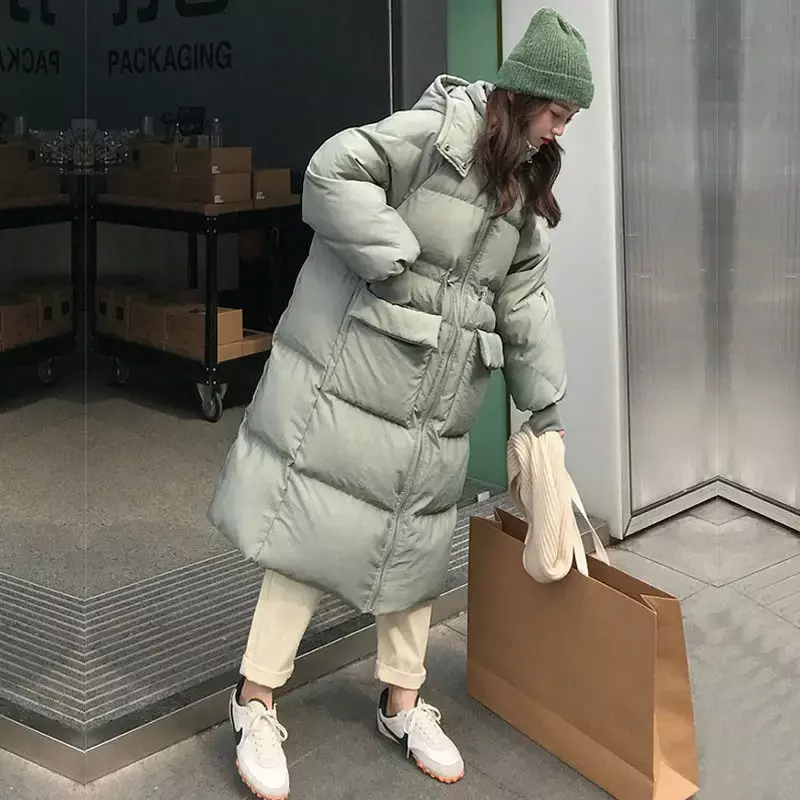 Z kapturem zimowa parki damskie X-long eleganckie, delikatne koreańskie główna ulica mody zagęszczają ciepłe dziewczęce szykowne duże kieszenie