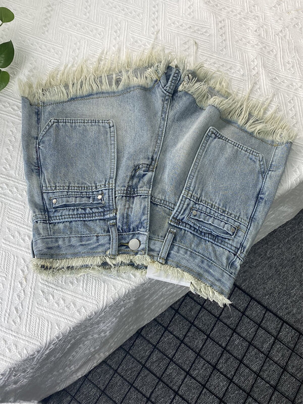 Women's Baggy Denim Shorts Blue High Waist Wide Shorts Harajuku Korean Y2k Casual Tassel A-line Jeans Short Pants Summer 2023