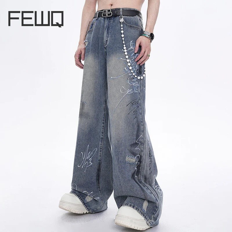 FEWQ American Style Jeans Men's Summer New Niche Design High Street Vintage Straight-leg Pants Splash-ink Graffiti Design 24Y120
