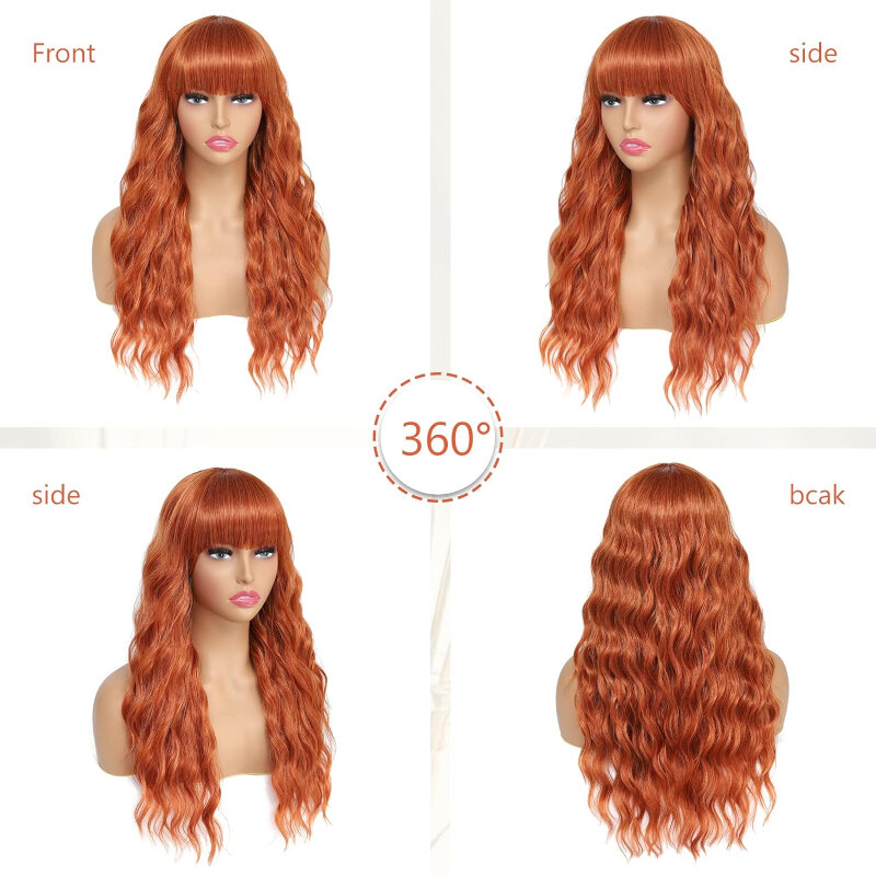Brudne pomarańczowe długie faliste kręcone peruka z grzywką przedłużanie puszyste włosy dla kobiet spersonalizowane akcesoria do włosów do codziennego użytku