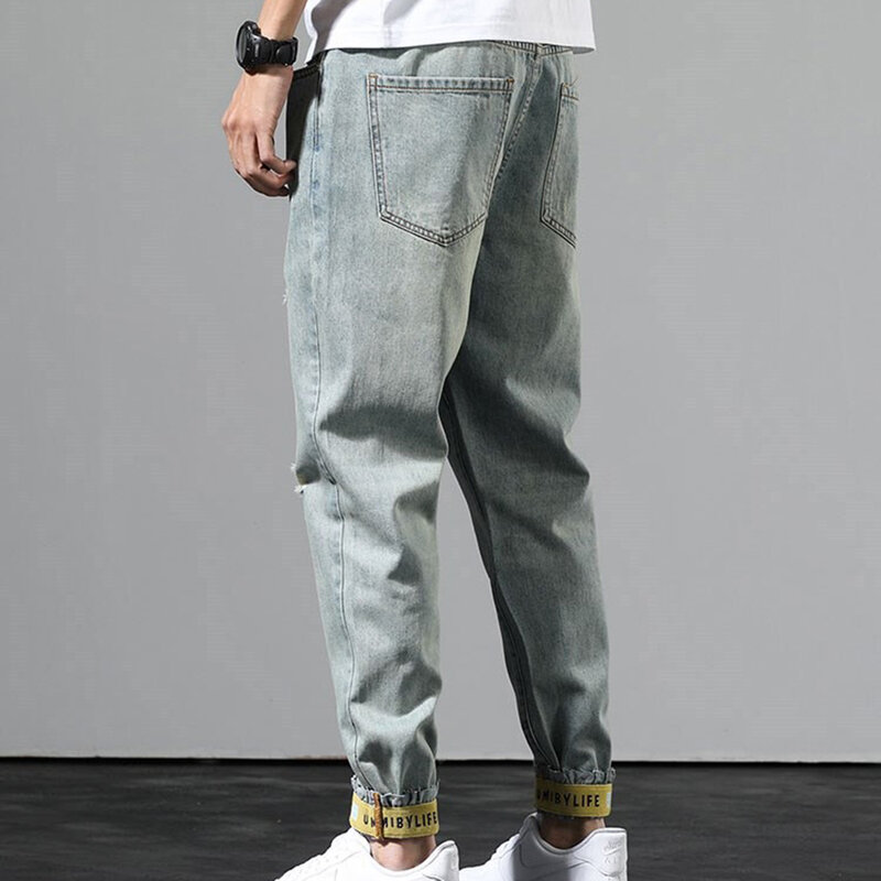 جينز رجالي كوري أزرق فضفاض ، جينز متعدد الاستخدامات ، بوليستر + قطن ، مكسور ، موضة غير رسمية ، طوال المواسم