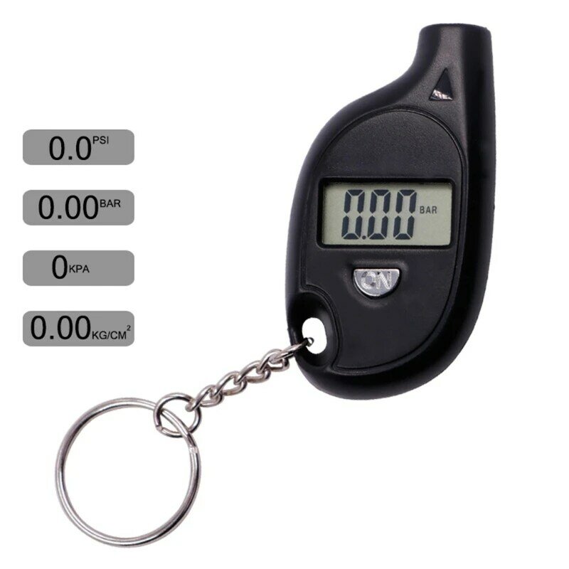 090E سلسلة مفاتيح صغيرة سوداء + جهاز اختبار ضغط هواء الإطارات PSI، Kpa، Bar، مقياس الإطار Kg/cm²
