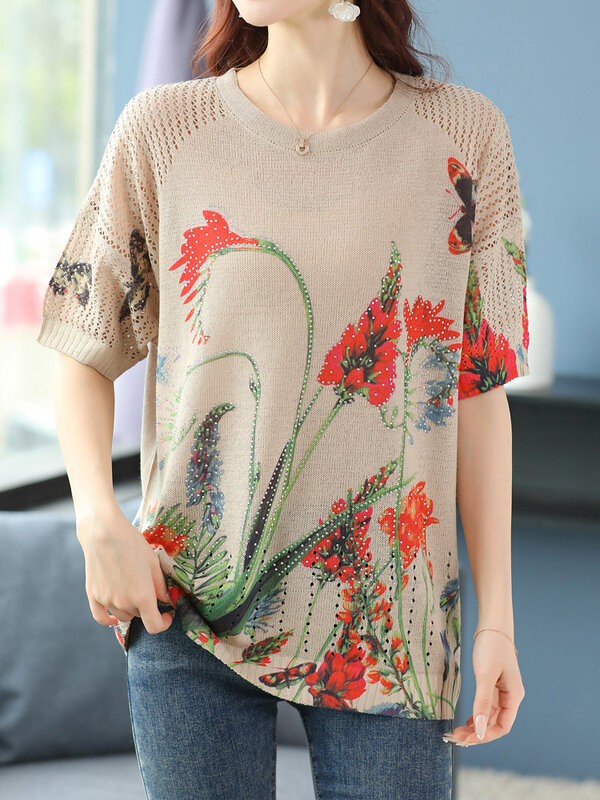 Blumen druck hohl gestrickt T-Shirt Frauen Sommerkleid ung für Frauen Pullover T-Shirts Top Y2K lose Frauen T-Shirt