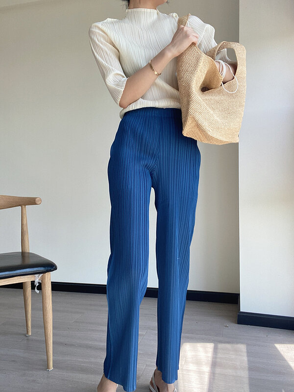 Miyake-Calça reta clássica plissada feminina de cintura alta, moda coreana casual, calça azul marinho, primavera, verão, nova, 2023