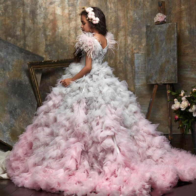 女の子のためのヴィンテージの長くてエレガントなドレス,花柄と丸い襟付きの羽毛の3D衣服,2023