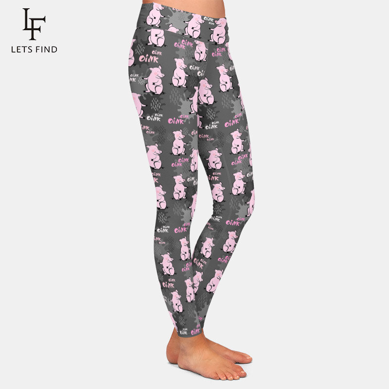 LETSFIND Super Soft ผ้าไหมพิมพ์น่ารักหมูสีชมพูรูปแบบ Leggings ยืดหยุ่นสูงเอวฟิตเนสกางเกงรัดรูปสตรี