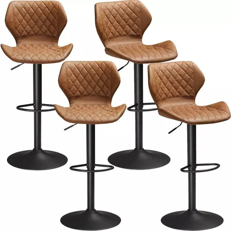 Stołki barowe Zestaw 4 brązowych skórzanych stołków barowych, stołki barowe o regulowanej wysokości na wyspę kuchenną, obrotowe krzesła barowe na śniadanie
