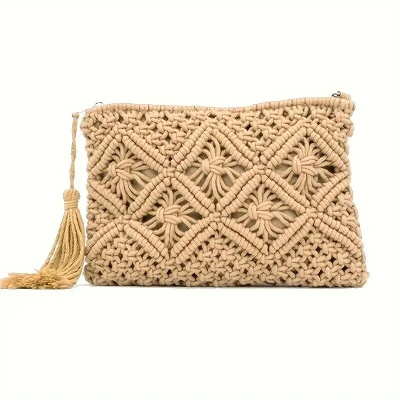 fashion rope woven clutch bag for women casual hollow out tassel clutch purses handmade summer beach bags 2024