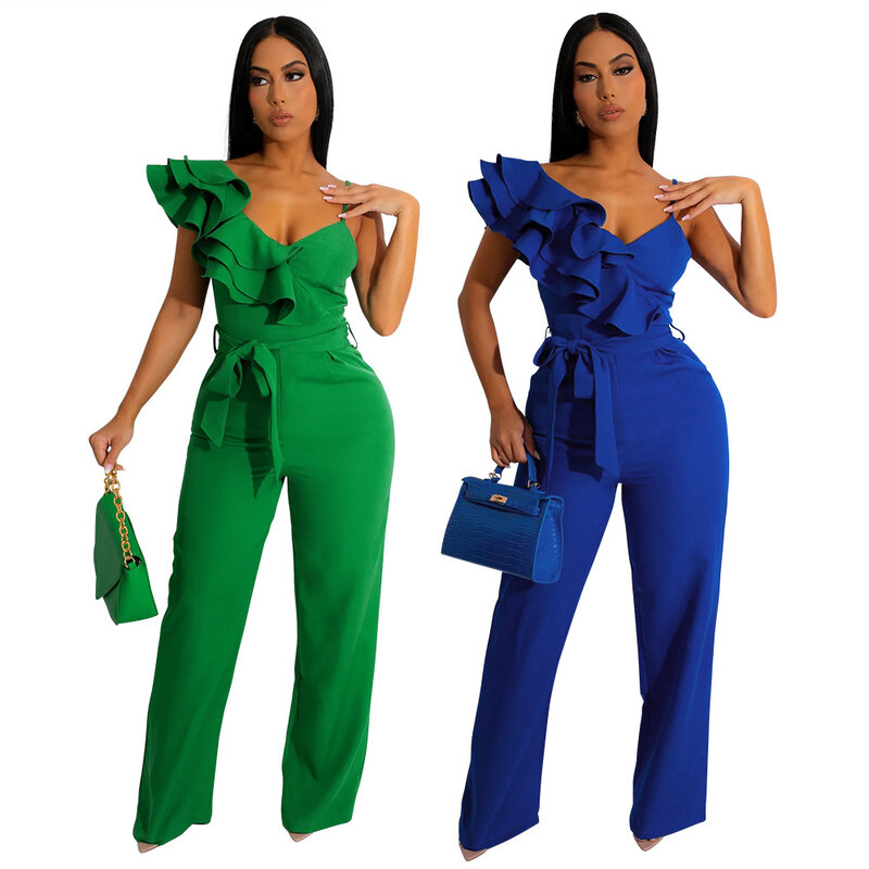 Young Women's Summer Clothes New Best Selling Short Sleeve Deep V Is Sexy Temperament Slim Solid Color Straight Jumpsuit.
