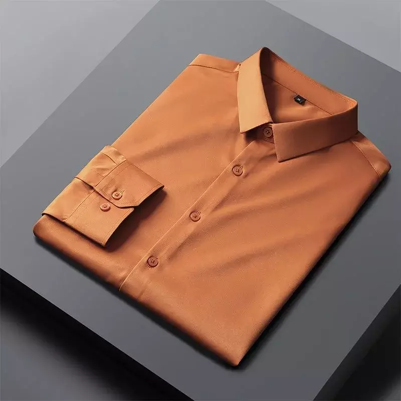 Camisa de seda de hielo de alta gama t196 Orange para hombre, ropa de trabajo de manga larga, ropa de novio antiarrugas sin hierro