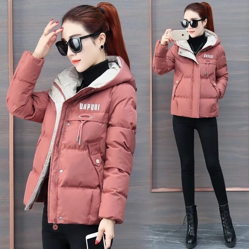 Jaket parka bertudung untuk wanita, mantel pendek katun hangat tebal longgar Mode Korea 2023, pakaian jalanan Musim Dingin 2023
