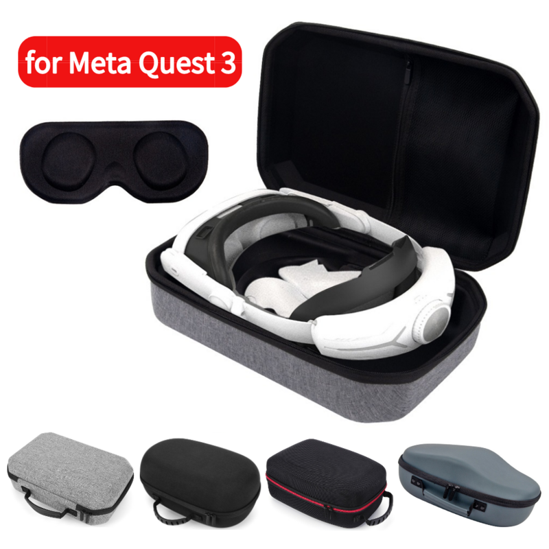 Tas jinjing keras dengan penutup lensa tahan air tas penyimpanan rumah perjalanan saku jaring untuk Meta Quest 3 VR Headset pengendali Game