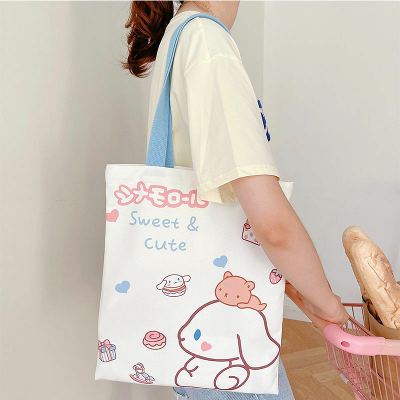 Симпатичная парусиновая сумка Sanrio Cinnamoroll, мультяшная портативная вместительная сумка-тоут, сумка для хранения, сумка на одно плечо, сумка