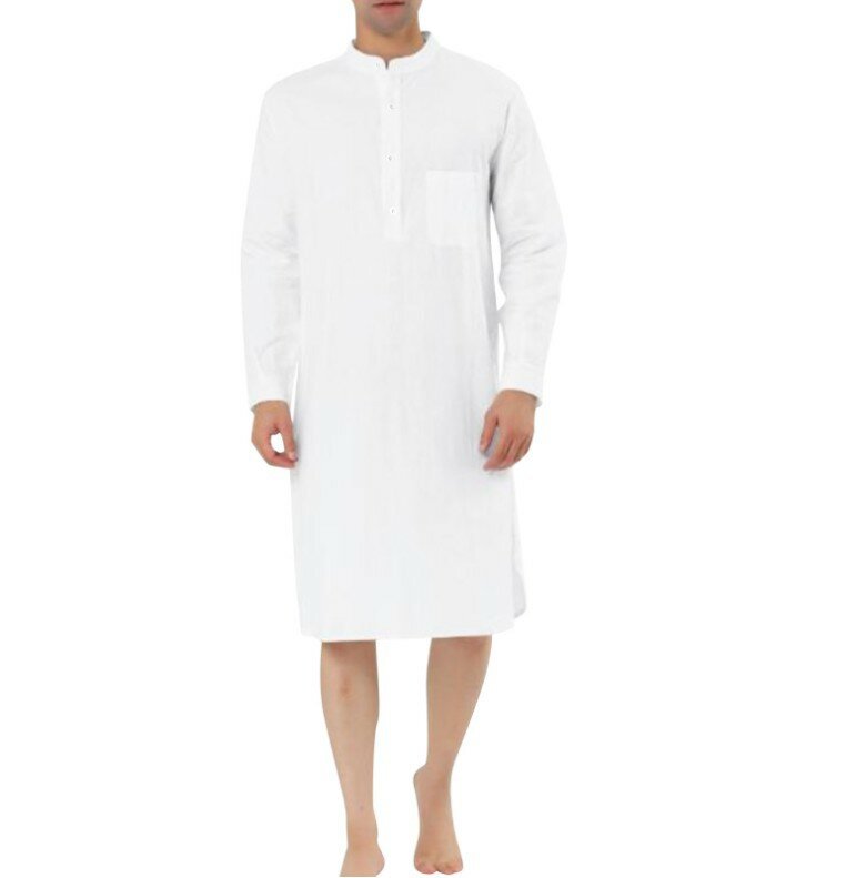2024 Pakistan Muslim Turkey Men's Kaftan Robe Long Sleeve Henley Thobe Casual Side Split Gown Long  Men Arabic Clothes