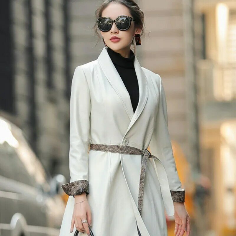 Leather jacket 2023,Office Lady White Sheepskin Down Coat Single Button Sashes V-Neck Long Elegant Autumn Winter Jacket Women Sl