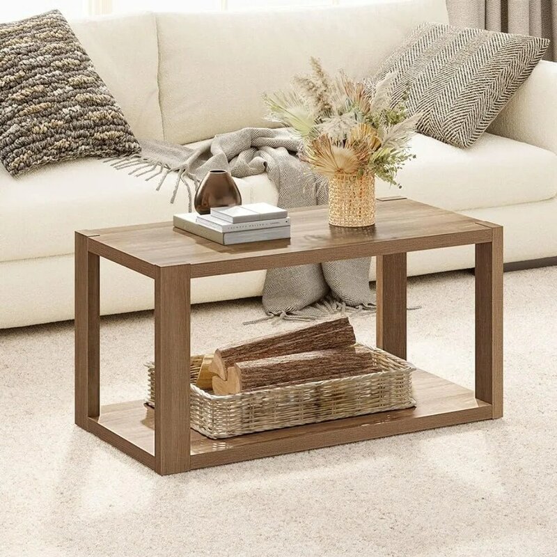 Stolik kawowy-stół styl boho ze stojakiem do przechowywania, prostokątny stół środkowy, stół specjalny w kolorze drewna, stolik kawowy