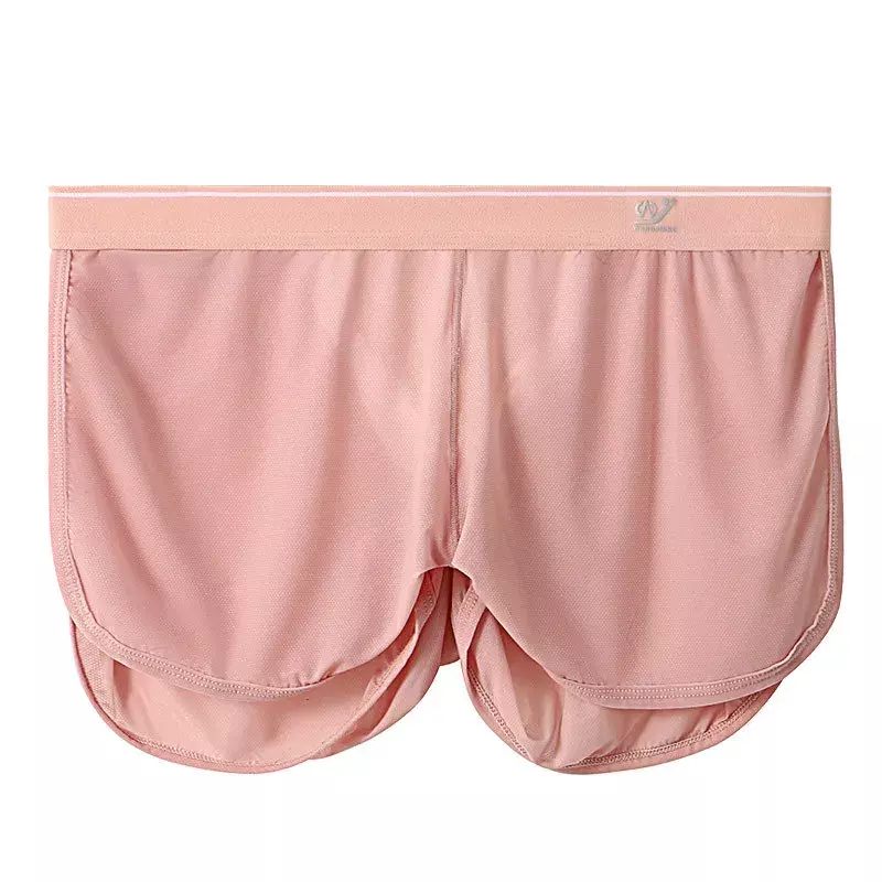 Ropa interior de seda de hielo para hombre, Bóxer corto, ropa de dormir suelta, pijama de malla, bañadores translúcidos, color rosa
