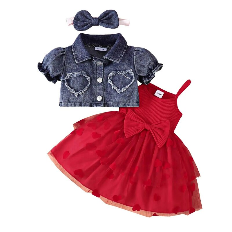 Летнее повседневное милое платье-пачка с бантом для маленьких девочек, джинсовое пальто с коротким рукавом, повязка на голову для ежедневного дня рождения, фотография