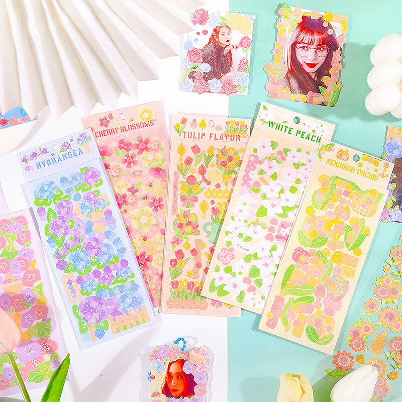 Pegatinas decorativas de holograma de estilo coreano para decoración de cuaderno, 8 piezas, adorables, con temática de flores coloridas, Kawaii, Kpop Toploader