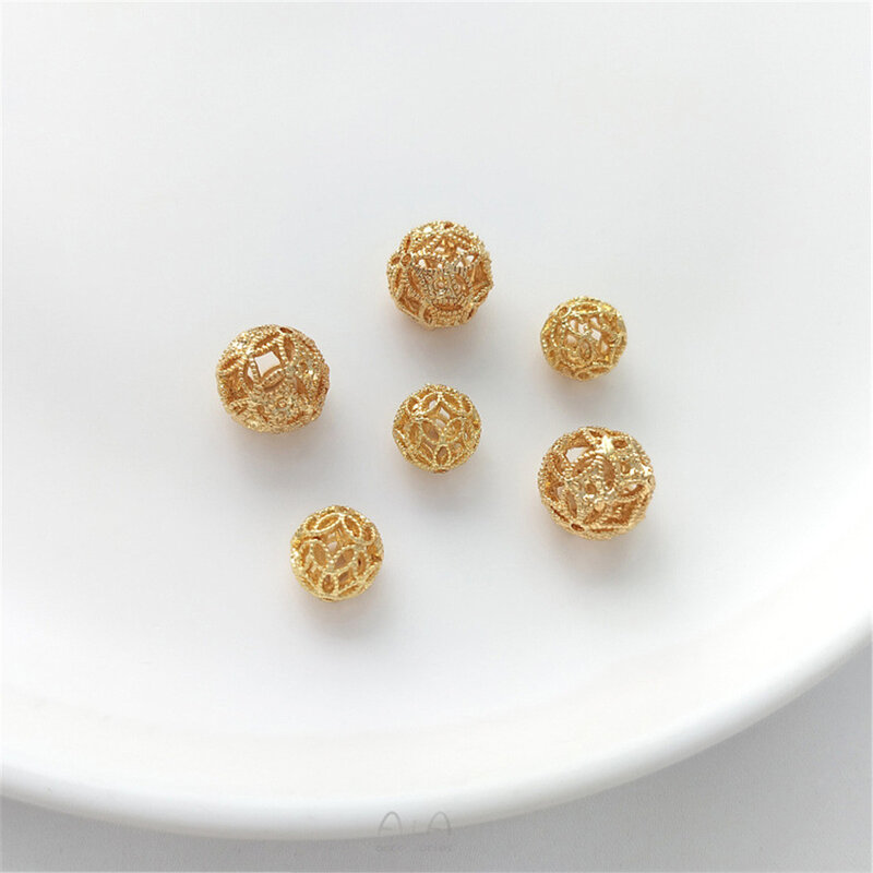 14K oro chiaro fiore cavo palla ruggine palla perline a forma di fiore perline appese fatte a mano fai da te braccialetto di perle orecchini accessori