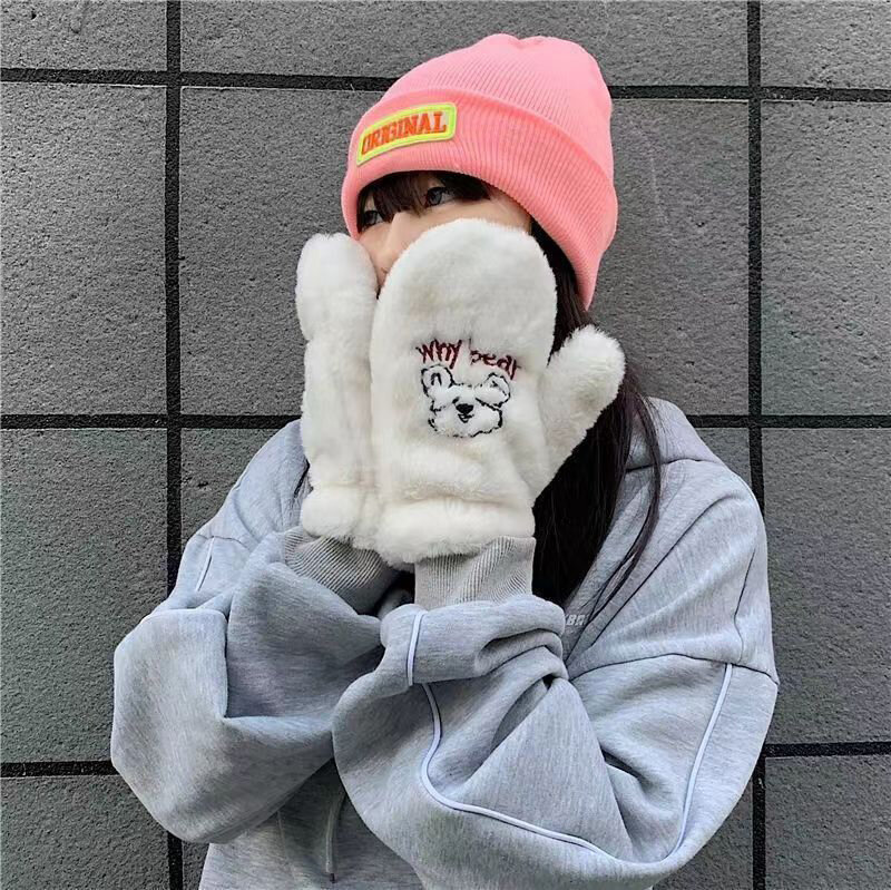 Bear Soft Plush Gloves Women Winter Warm Thicken Fingerless Mittens Outdoor Warmer Gifts